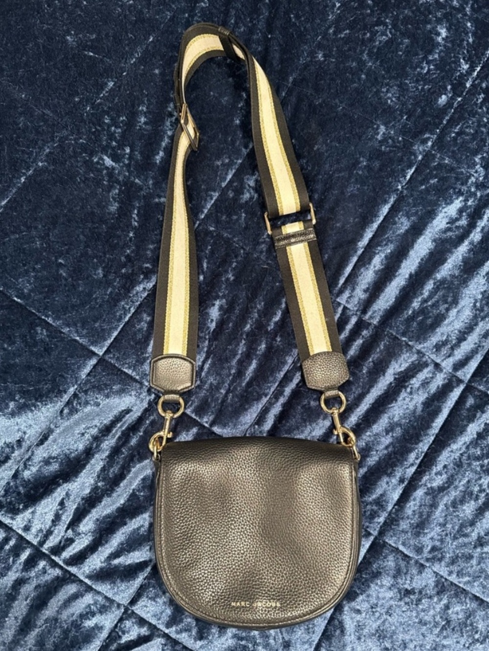 Marc Jacobs Black Pebbled Leather Saddle Crossbody with Cream & Tan Stripe Strap